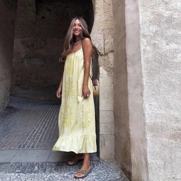 Zara * Embroidered Maxi Long Dress Yellow - Picture 3 of 11